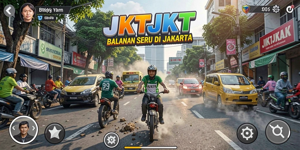 Gameplay seru JKTJKT di jalanan Jakarta dengan kecepatan tinggi.